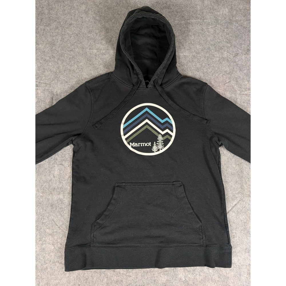 Marmot Hoodie Men Medium Black Graphic Mountain Pullover Good Condition - Picture 3 of 9